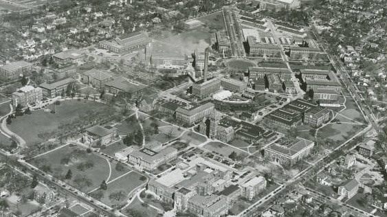 Aerial view of the Purdue University campus taken during the 1950s