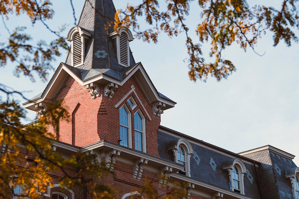 Purdue's University Hall featuring the building's steeple