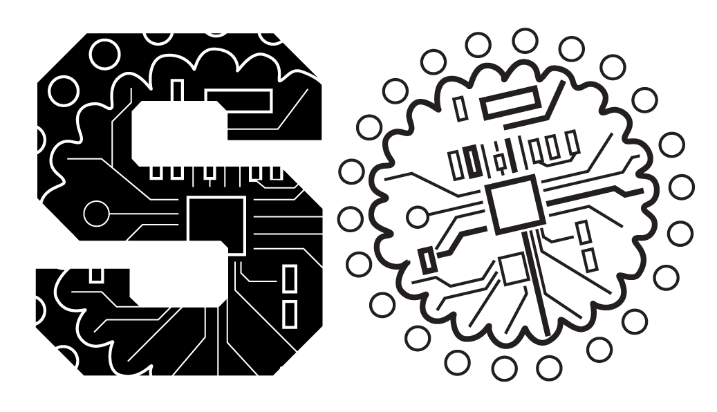 An S filled with a circuit-board pattern.
