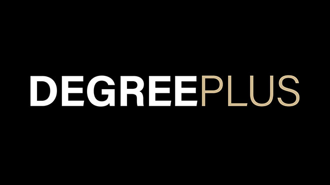 The text "Degree Plus" over a black background