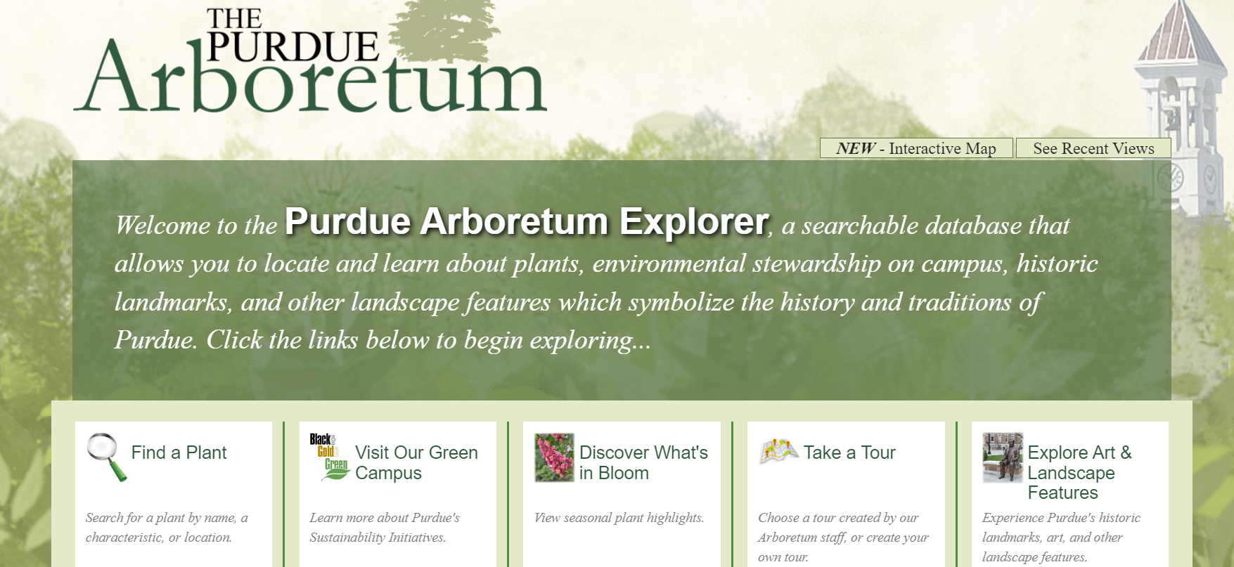 screenshot of the homepage of Purdue Arboretum Explorer. The color scheme is green and the page offers a welcome message to its "searchable database."