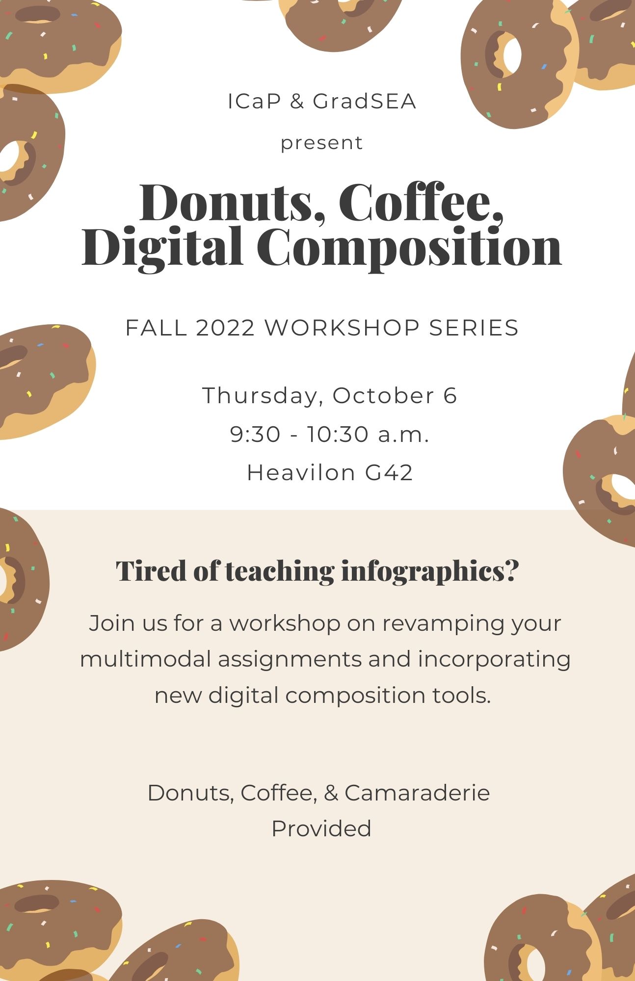 flyer for workshop including information from the blog post's text surrounded by a cartoon donut border