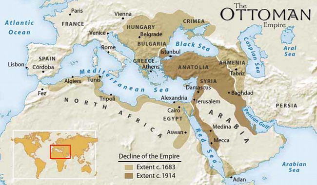 A color-coded historical map of the Ottoman Empire at its greatest extent. The map spans from the Atlantic Ocean and North Africa across to the Caspian and Aral Seas, and up through Southeastern Europe toward Vienna. Major cities like Istanbul, Rome, Paris, and Belgrade are labeled to provide geographic context.
