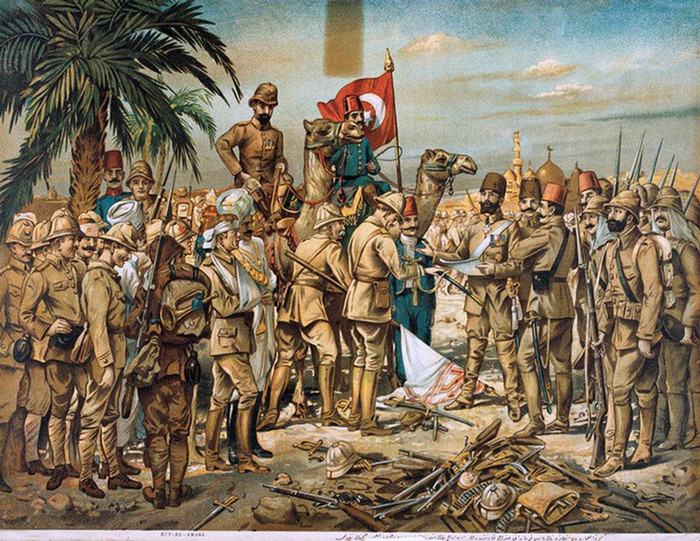 A historical illustration depicting the Siege of Kut during World War I. Ottoman soldiers in green uniforms and fezzes are shown in the foreground with a large red Ottoman flag, positioned behind a stone wall overlooking a body of water where several naval ships are visible under a smoky sky.