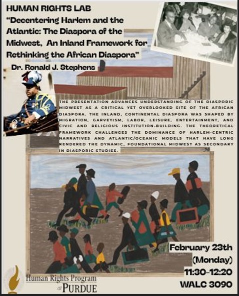 Flyer for "Human Rights Lab: Decentering Harlem and the Atlantic" featuring Dr. Ronald J. Stephens. Includes a photo of the speaker and an abstract about the African Diaspora in the Midwest.