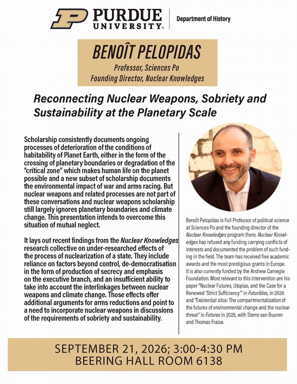 "Event flyer for a lecture by Pelopidas Benoit, featuring speaker details, event date, time, and location information."