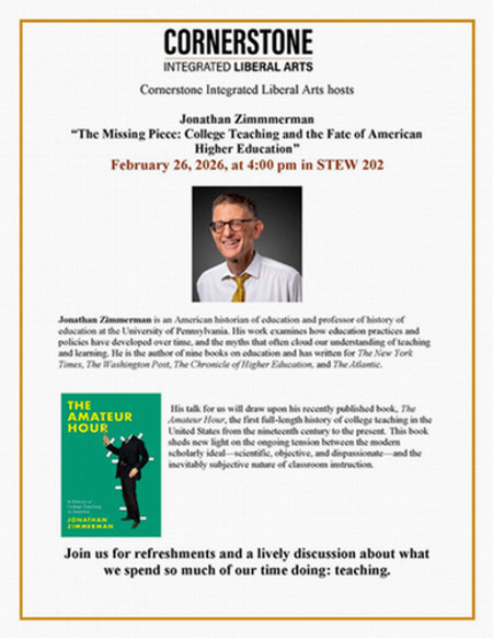 Flyer for CAPT Seminar Series: "The Missing Piece: College Teaching and the Fate of Higher Education" featuring Dr. Jonathan Zimmerman. Includes a photo of the speaker and event details: February 26, 2026, at 4:00 PM in STEW 202.