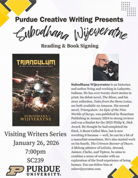 flyer also includes text identifying the event as a reading and book signing for Subodhana Wijeyeratne's novel, Triangulum.