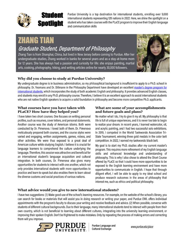 PLaCE Student Spotlight Article about Zhang Tian