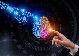 An electric, robotic AI hand on the left, and a human hand on the right, both reaching towards the center, and both touching a brain in the center with their index fingers. The brain is one half electronic and one half organic. Highly stylized.