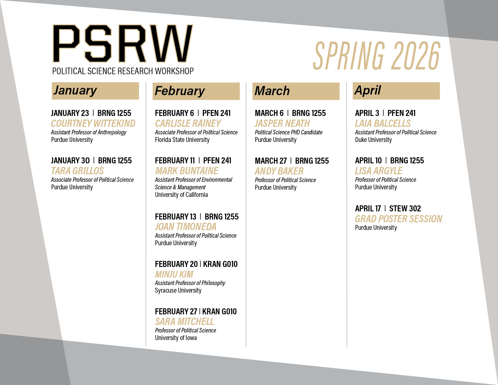 PSRW 2026 schedule march 6 jasper neath, march 27 andy baker, april 3 laia balcells, april 10 lisa argyle, april 17 grad poster session