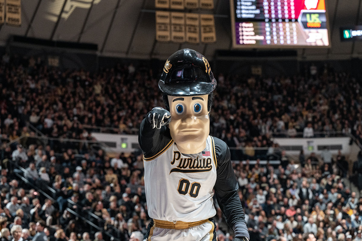 Purdue Pete mascot at a basketball game