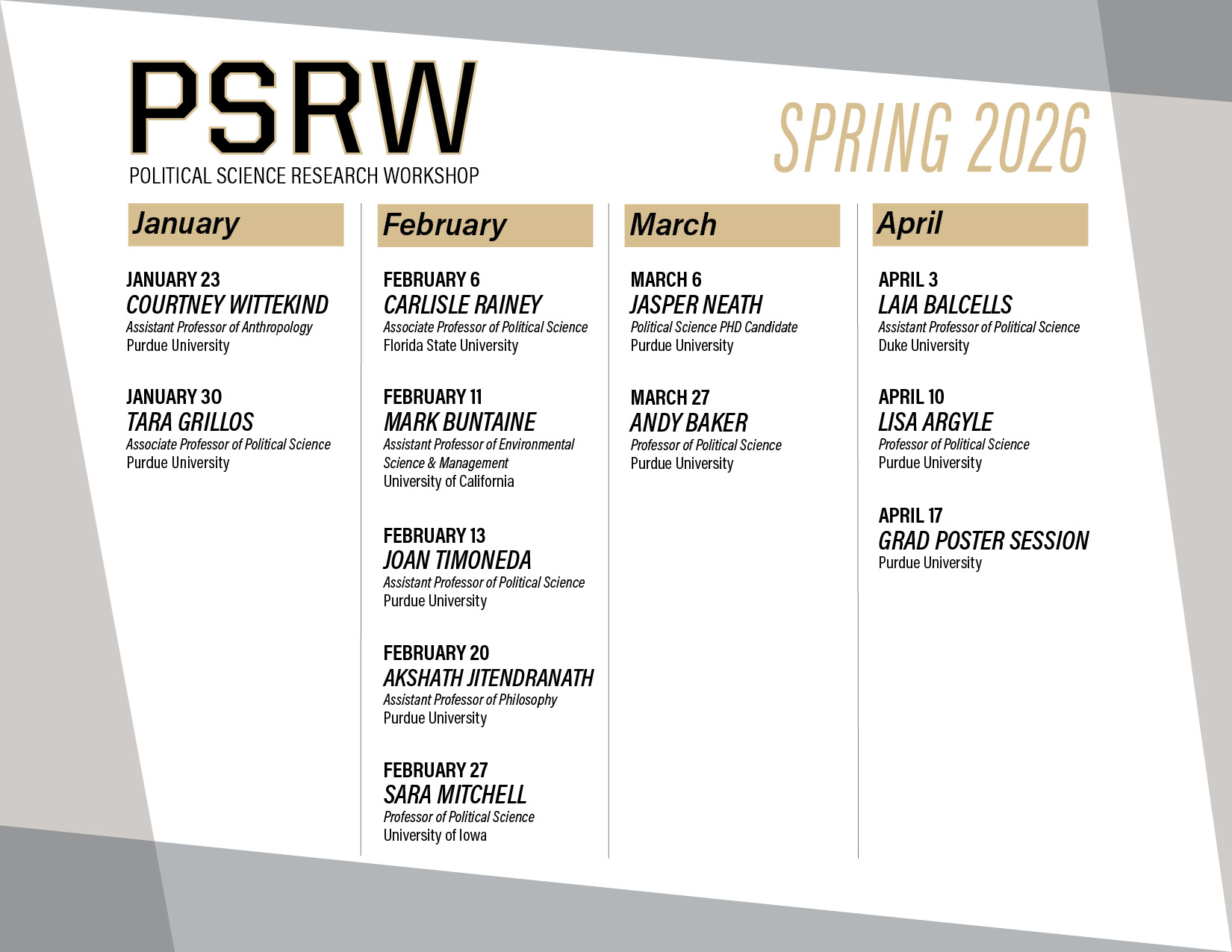 PSRW 2026 schedule march 6 jasper neath, march 27 andy baker, april 3 laia balcells, april 10 lisa argyle, april 17 grad poster session