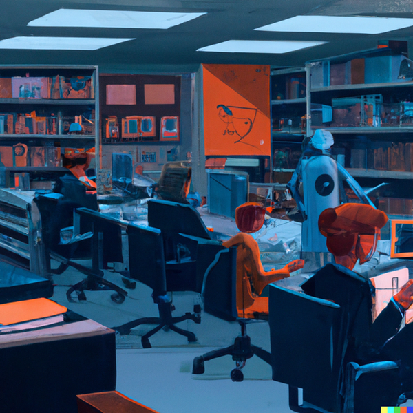Computer-generated image of a lab full of students and robots