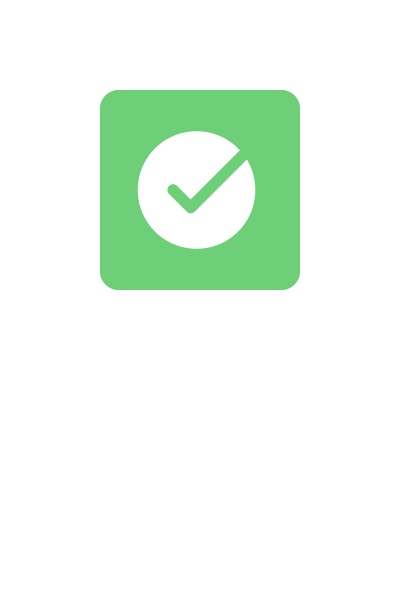 Green square with a white circle inside containing a green checkmark 