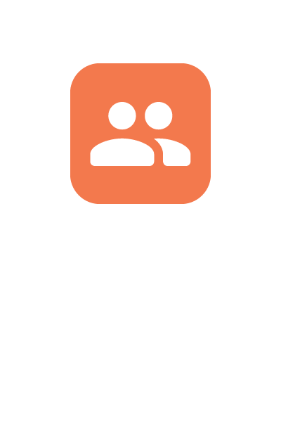 Orange square with white illustrations representing people inside