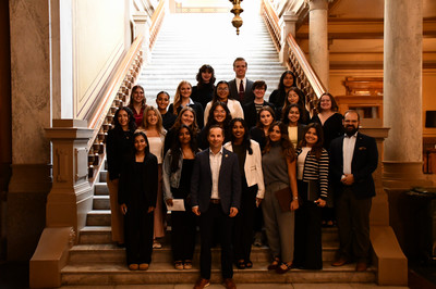 Students standing on the steps at the Indiana Statehouse