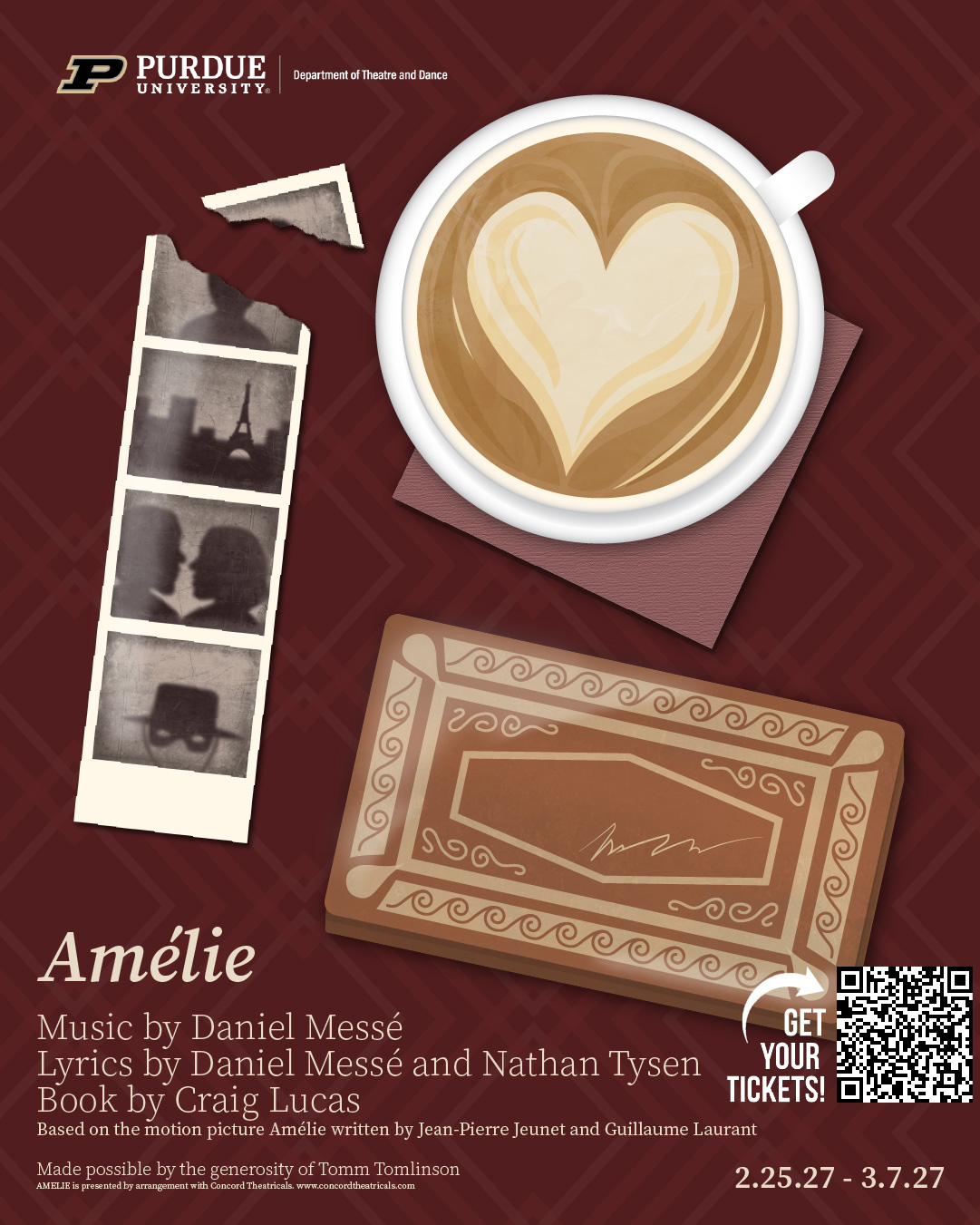 Poster image for Amelie, featuring a coffee mug, a torn photo strip, and a coffee biscuit.