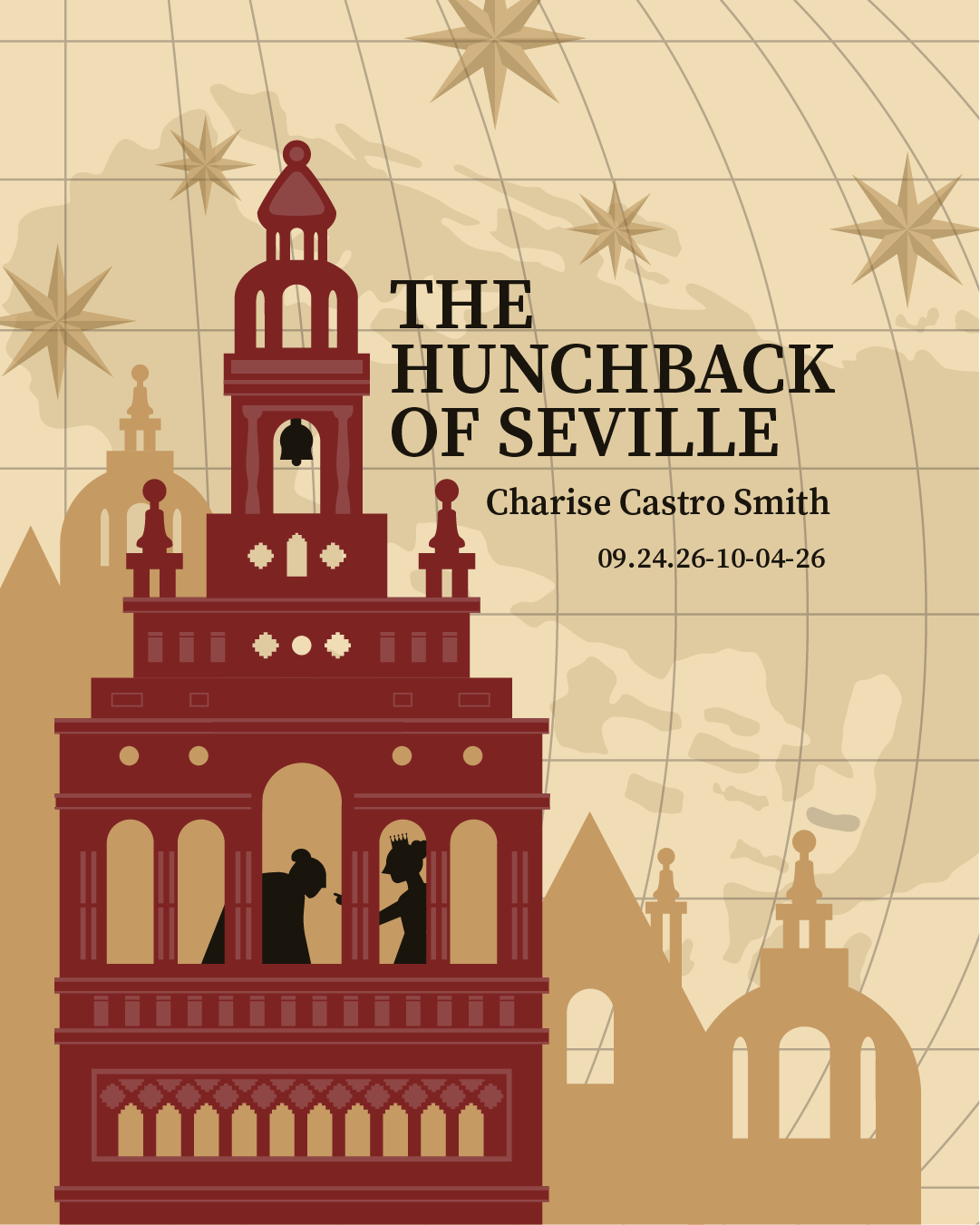 Poster image for Hunchback of Seville, featuring a background that looks like a map of the world from the 1600s, with the silhouette of a cathedral on top.
