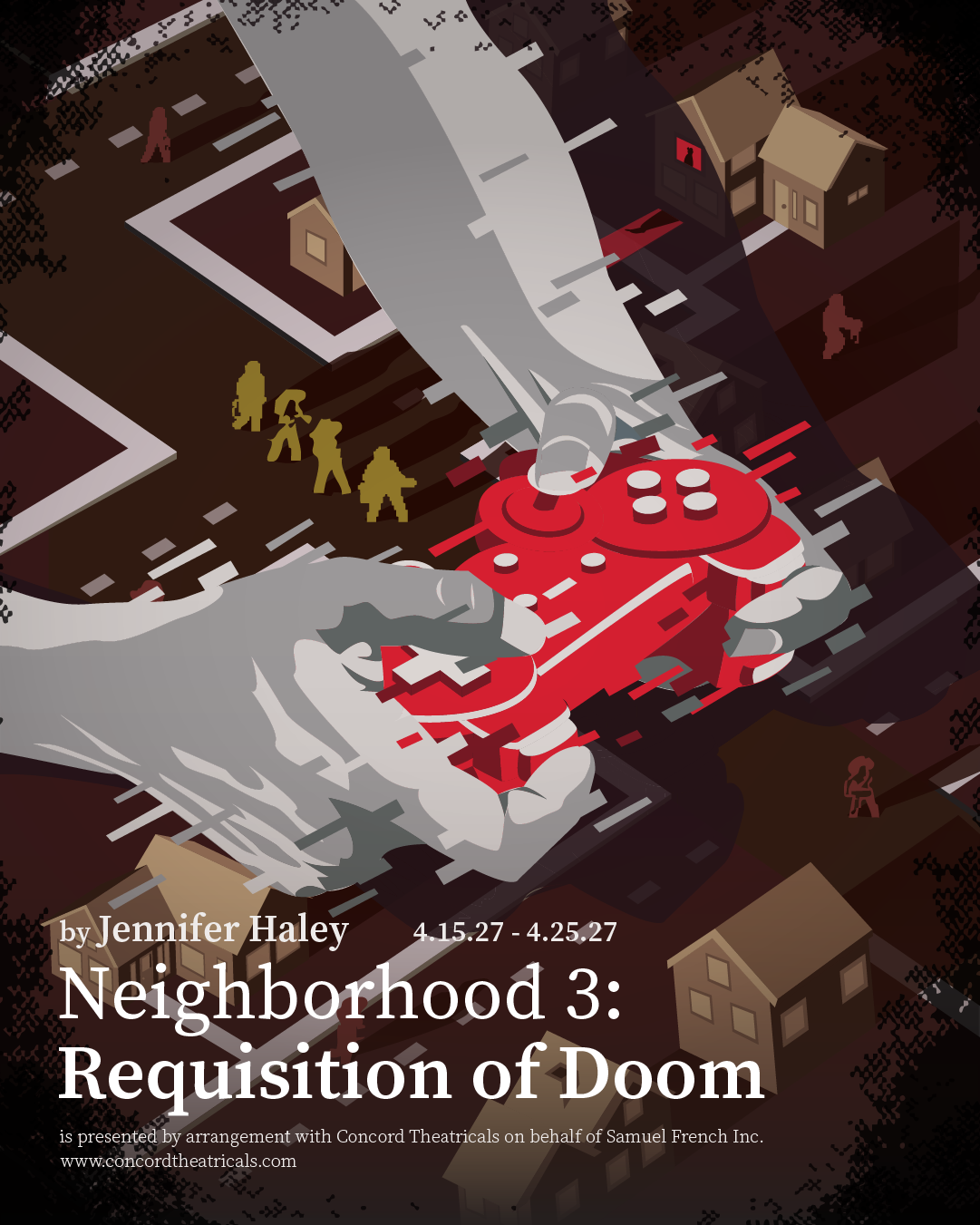 Poster Image for Neighborhood Three, featuring a background with suburban blocks in a video game style with an image of pixelated hands holding a game controller on top.