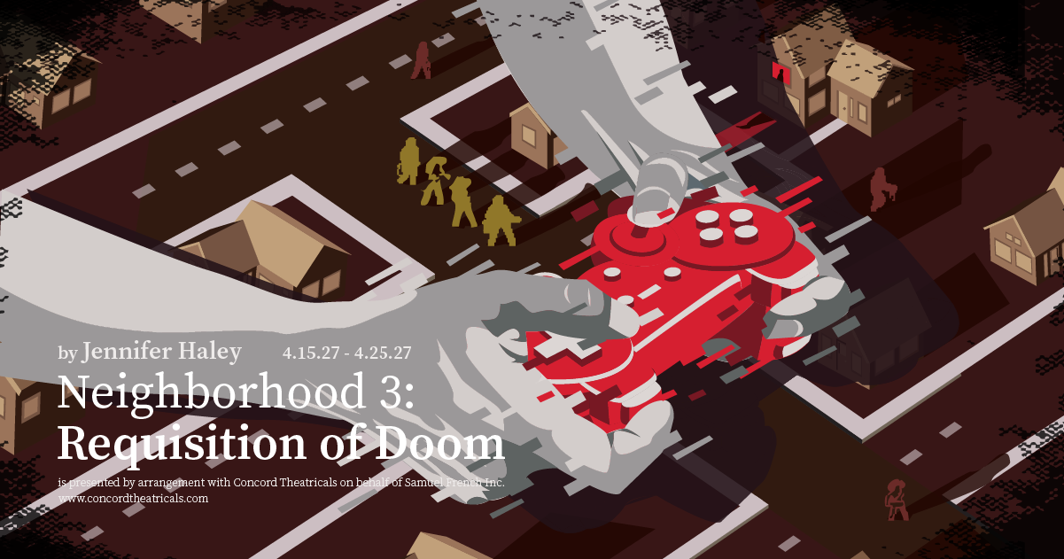 Poster Image for Neighborhood 3: Requisition of Doom, featuring pixelated images of hands using a game controller over a background of a suburban neighborhood.