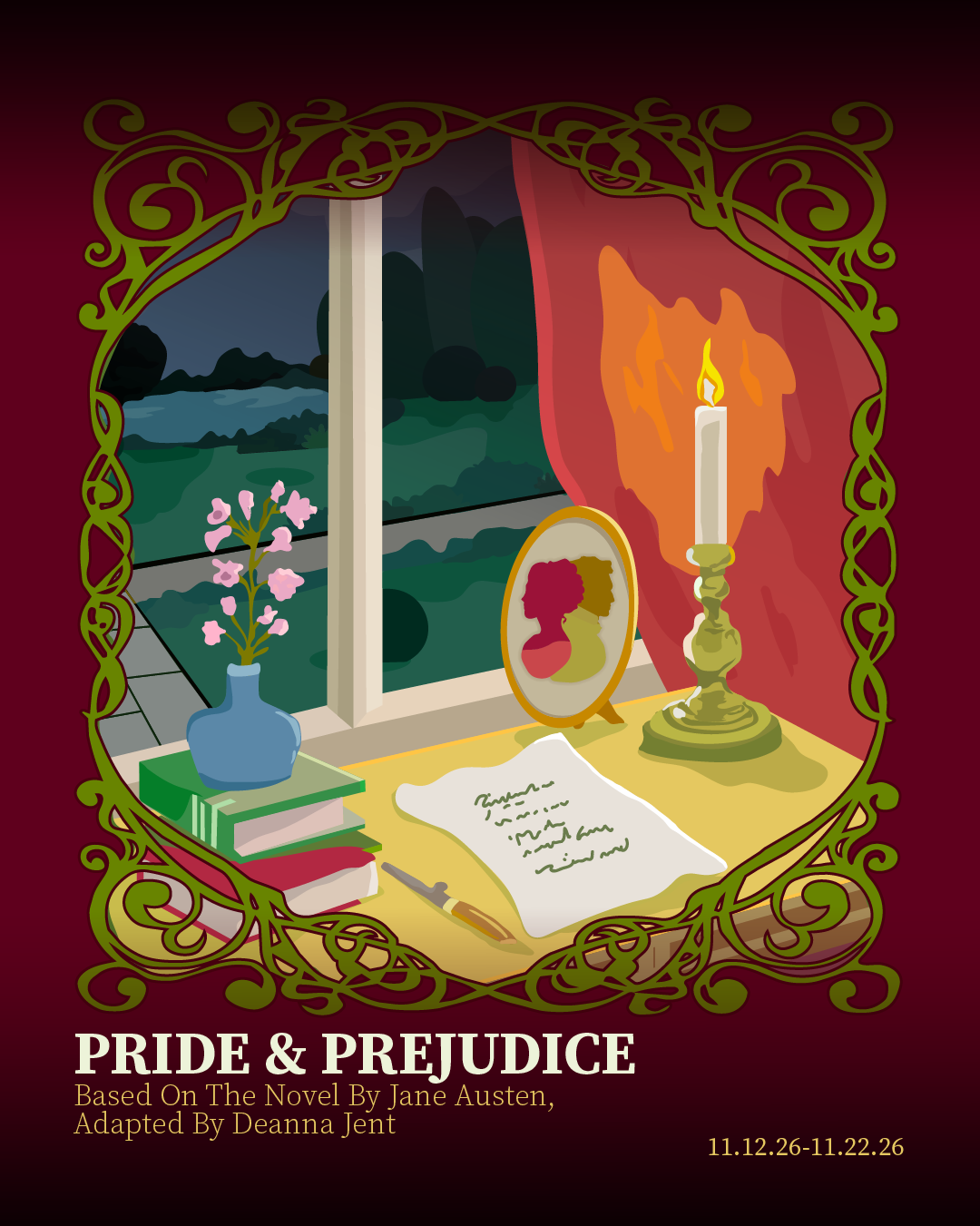 Poster image for Pride & Prejudice, featuring a desk with a framed photograph, a stack of books, and a handwritten letter in front of a window.