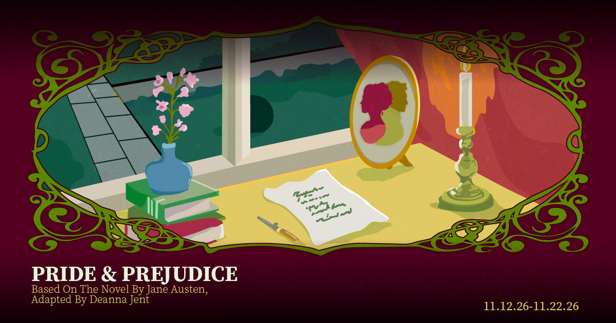 Poster image for Pride and Prejudice, featuring a floral portal through which can be seen a writing desk, a letter, a stack of books.