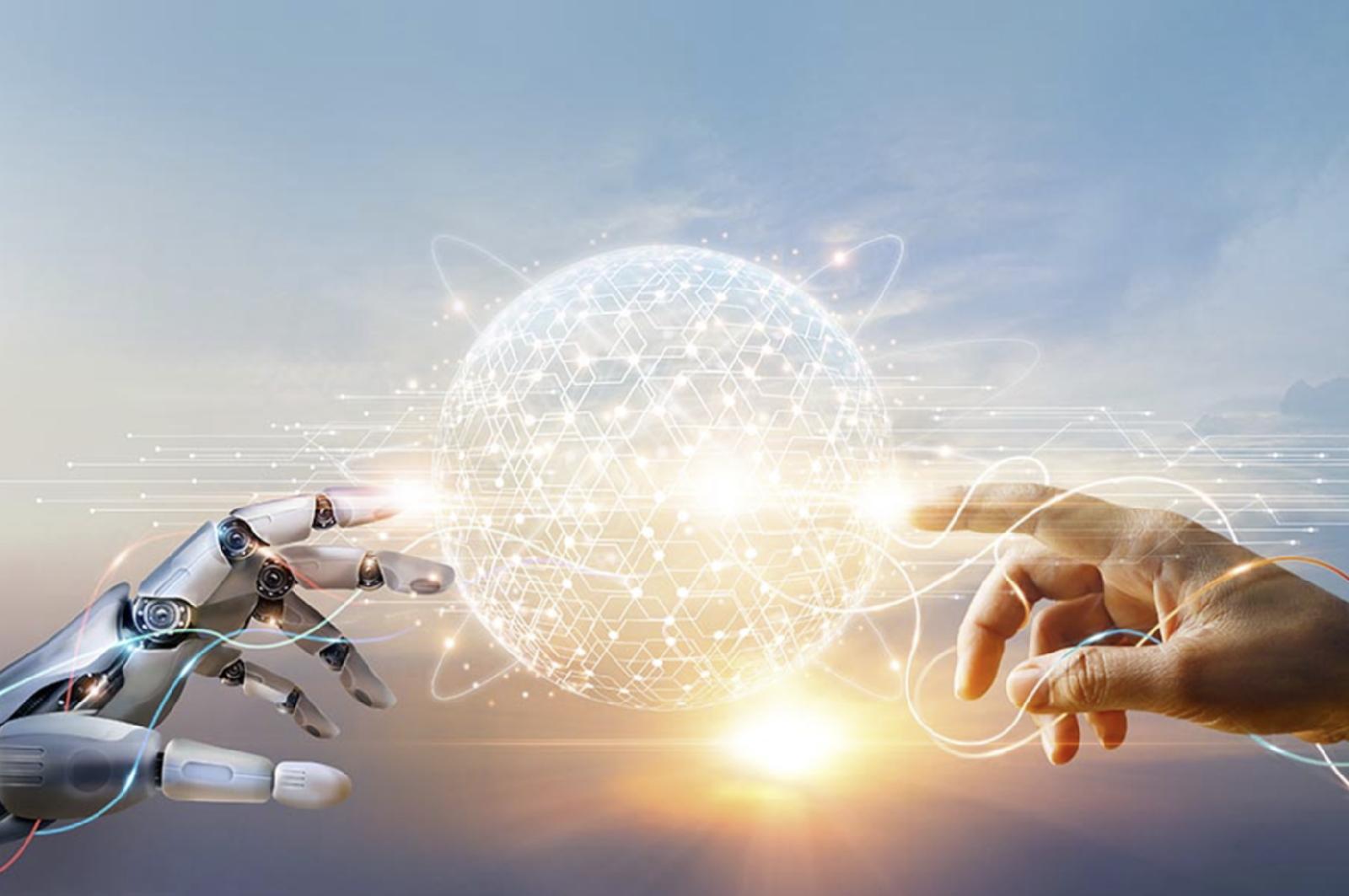 Android hand and human hand touching a glowing orb, representing synthesis.