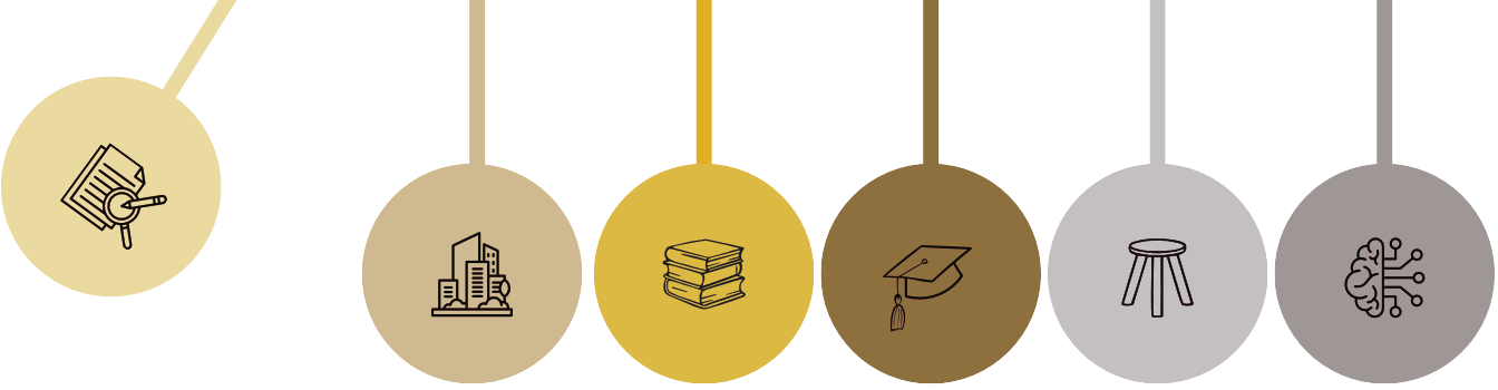 Illustration of a Newton's Cradle with icons representing the 6 areas of focus for the College of Liberal Arts
