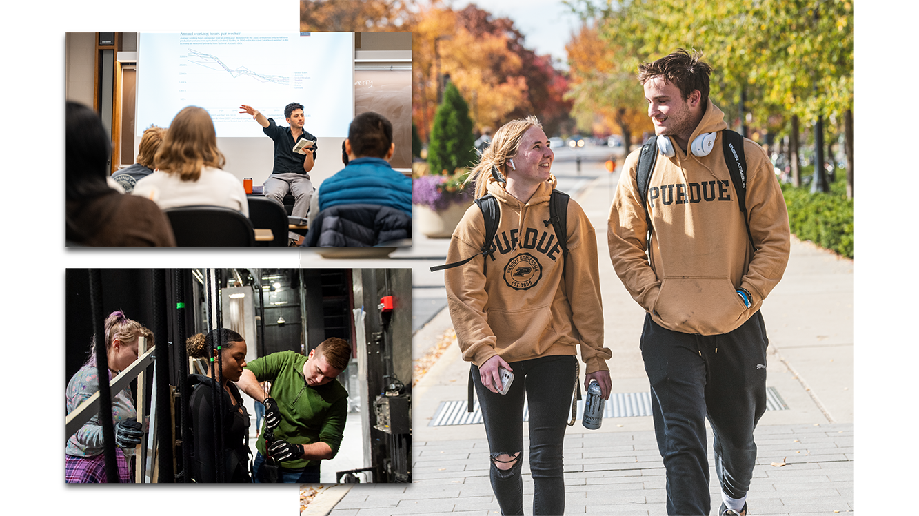 Photo collage of college students walking and attending class along with professors teaching class.