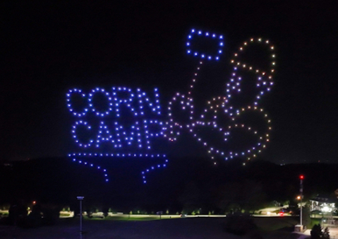 Purdue Pete, cast in constellation, raises his legendary hammer to crush the words "Corn Camp" in an homage to the program from which Boiler Gold Rush evolved.