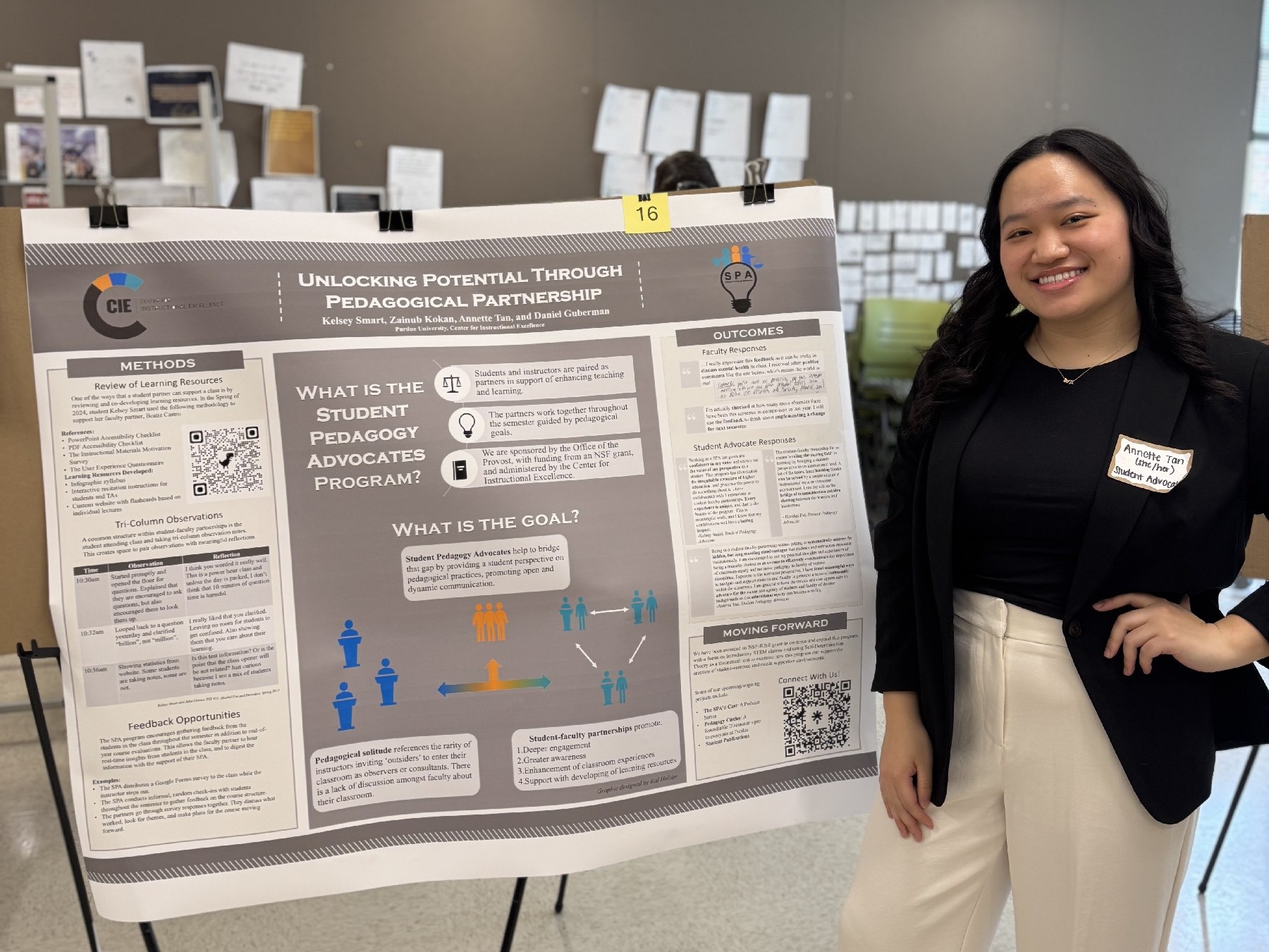 Annette Tan presenting a poster board titled "Unlocking Potential Through Pedagogical Partnership".