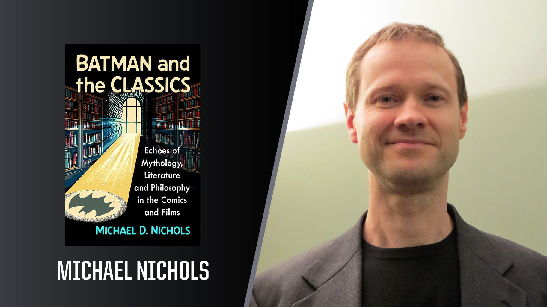 Michael poses for a headshot alongside a graphic of his book cover.