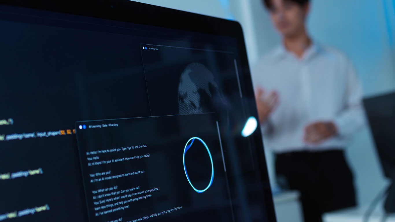 A computer monitor with an AI assistant on screen.