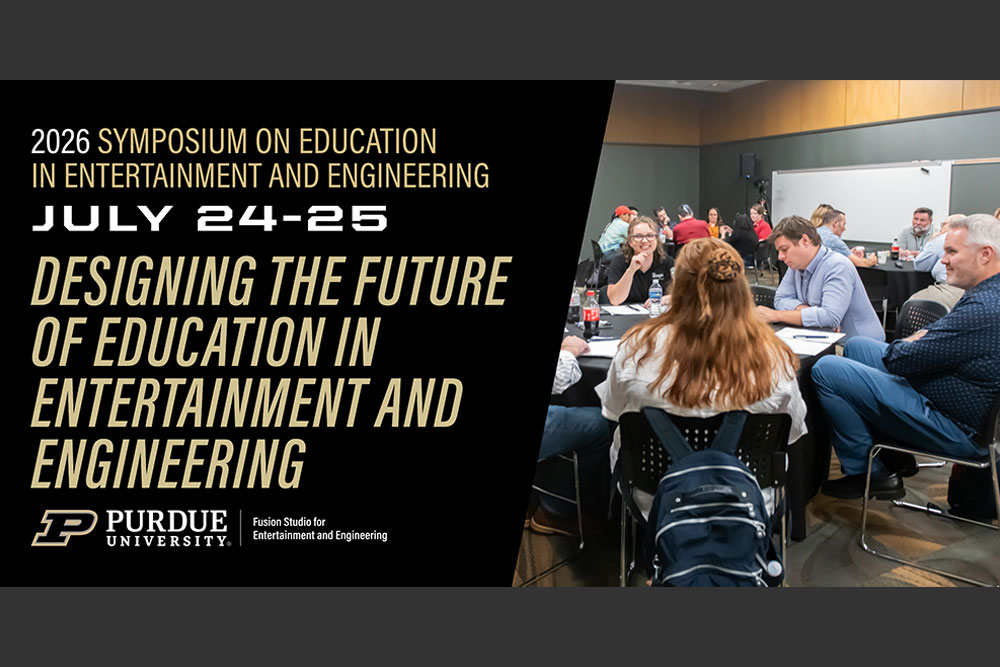 People sitting at tables in classroom with text promoting 2026 symposium on education in entertainment and engineering