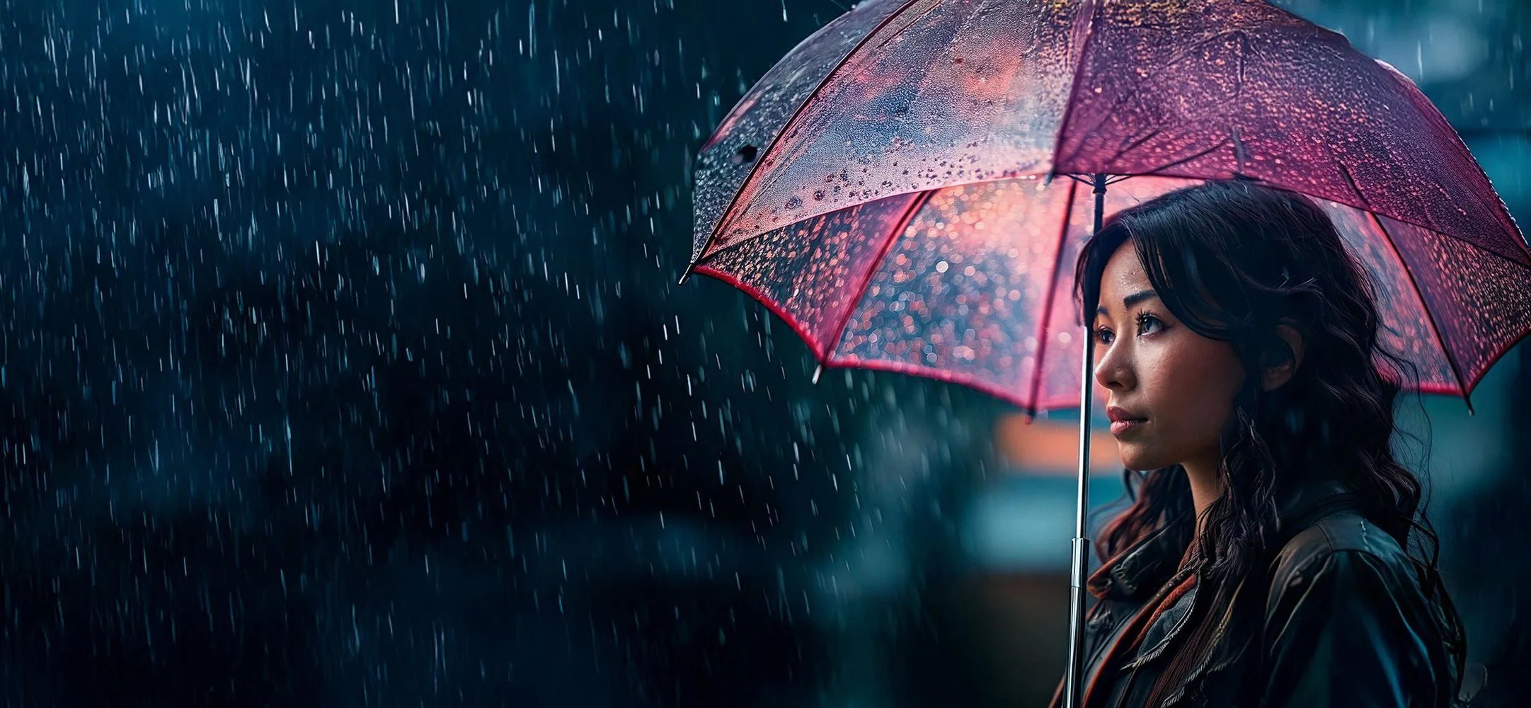 Person with an umbrella looking off into the rain