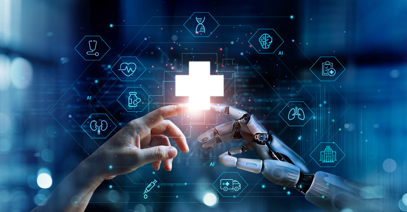 Illustration of a human hand touching a robotic hand with different data icons floating around.