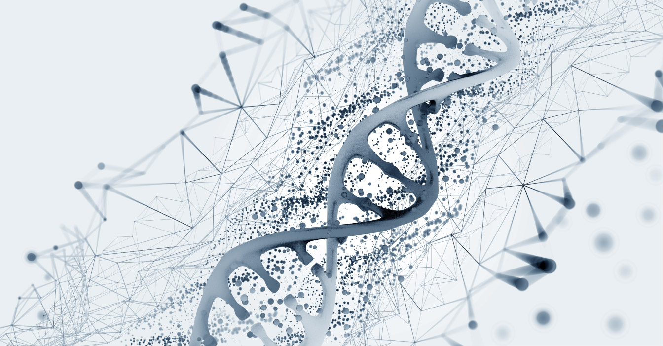 Illustration of a blue DNA double helix.