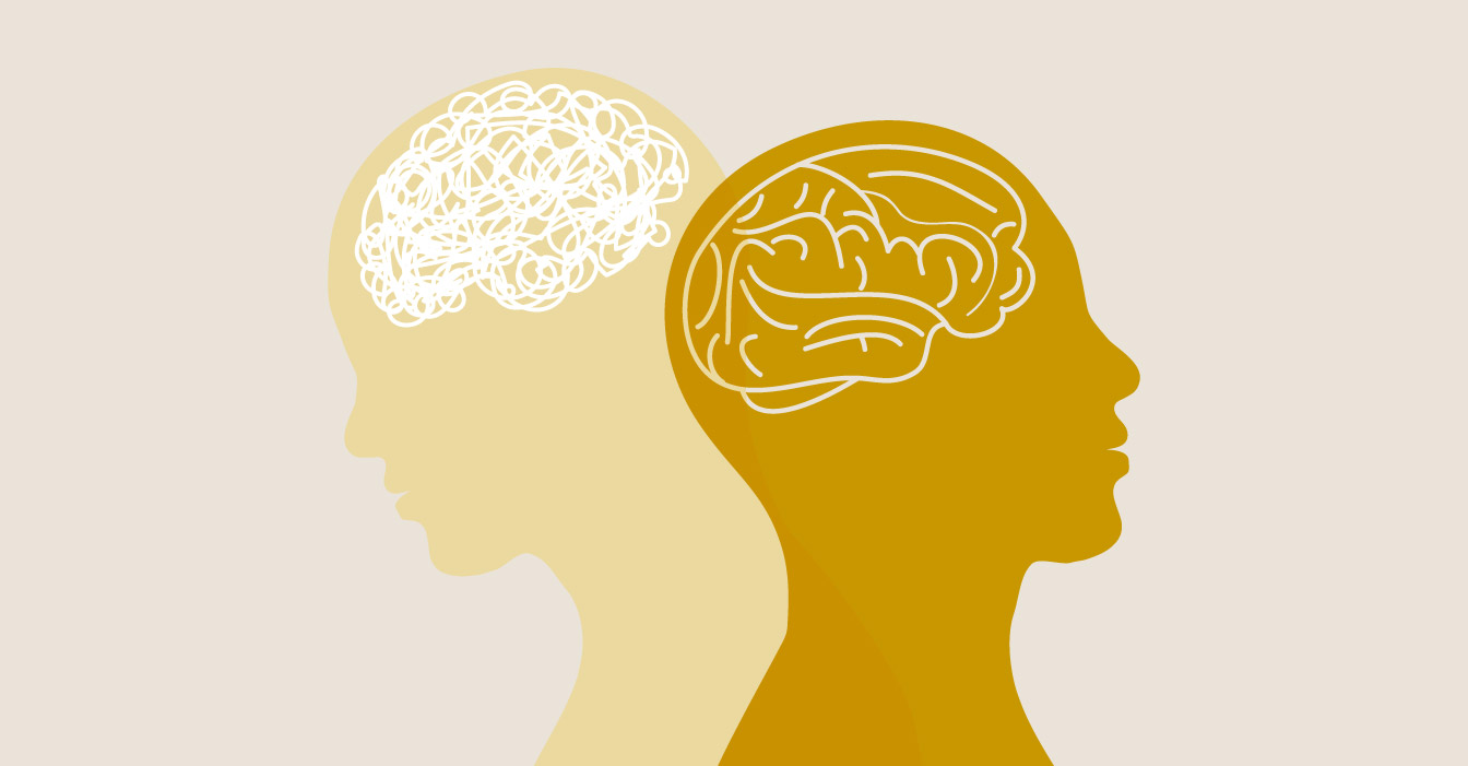 Illustration of two human heads with one having a normal brain shape and the other with the brain with more scribbles.
