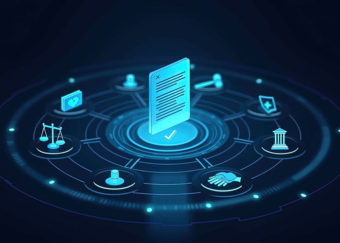 Several blue icons representing different web guidelines surrounding a central icon of a document.