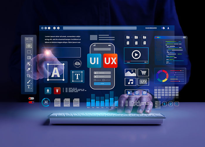 Illustration with purplish icons representing a phone and laptop with text reading "UI and "UX"