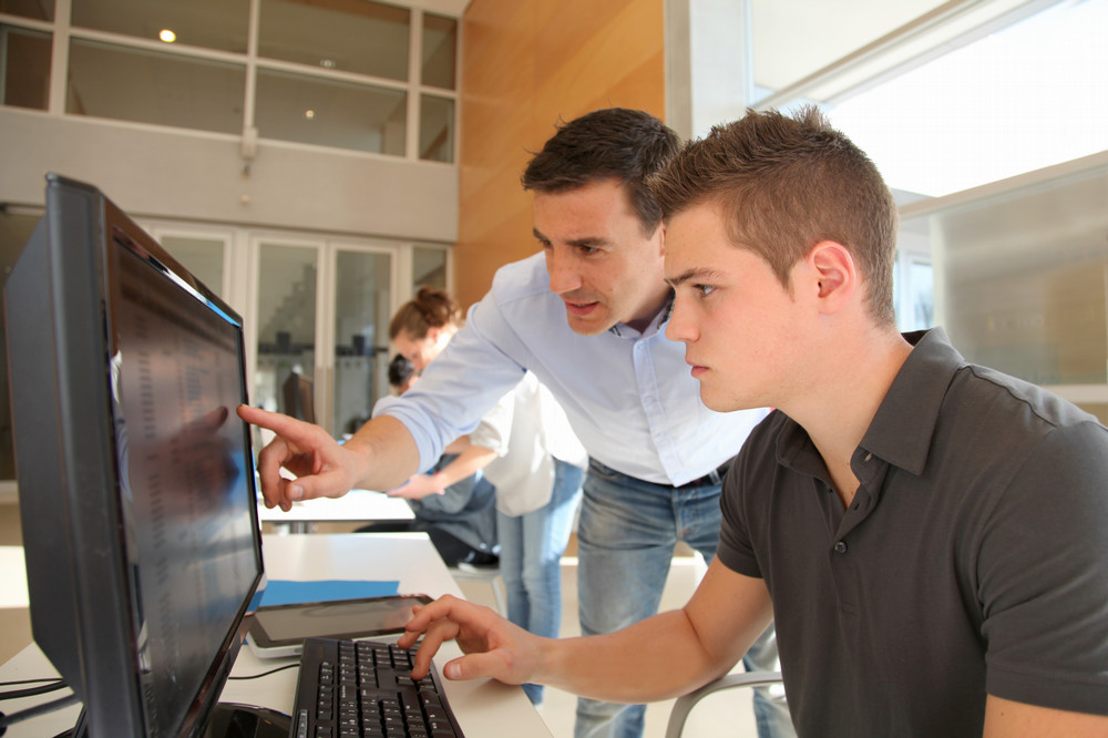 Intern sitting at a desk looking at their computer with an employee showing them what to do