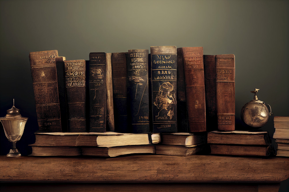 Several antique books on a bookshelf