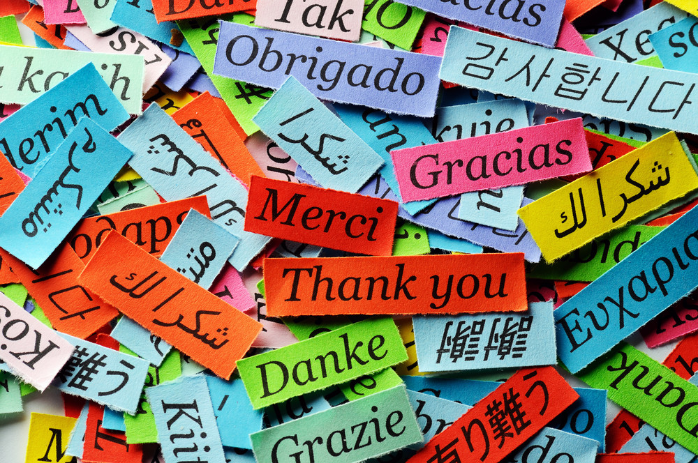 Colored pieces of paper with Thank You written in different languages