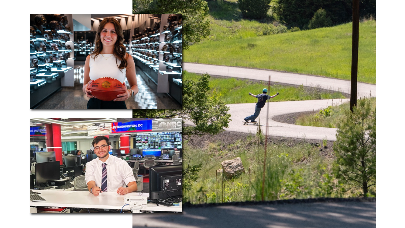 Collage of images including a student intern folding a football at the Hall of Fame, a student sitting behind a desk working at NBC News, and a person riding a skateboard.
