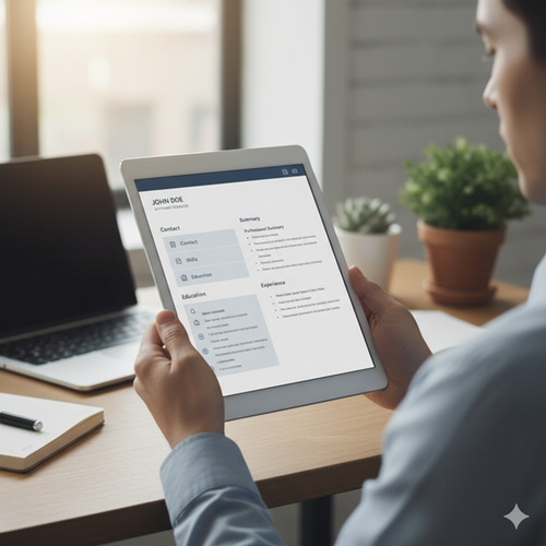 Person looking at their resume on a laptop