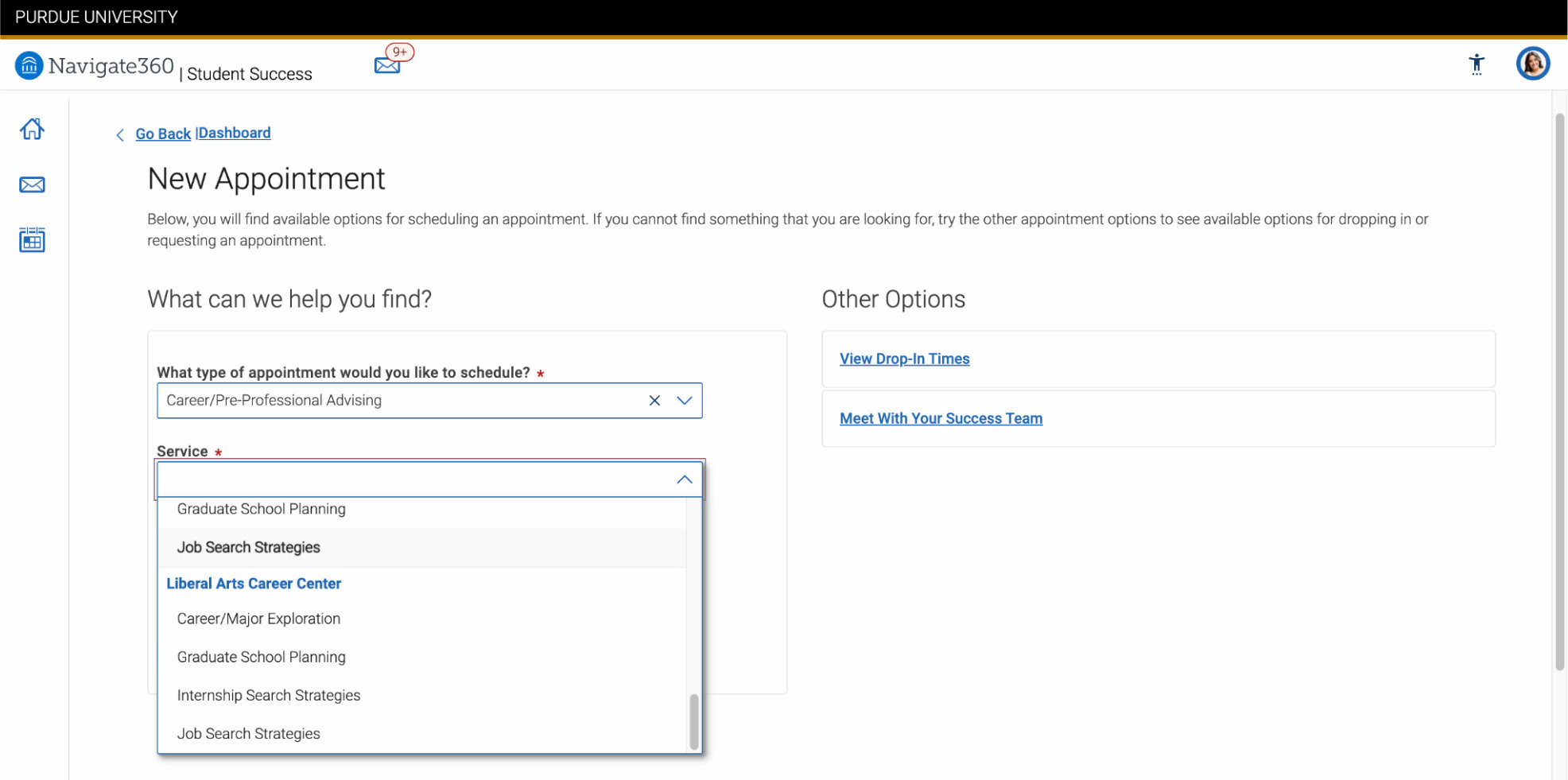 Select ‘Career/ Pre-Professional Advising’ as the type of appointment you would like to schedule