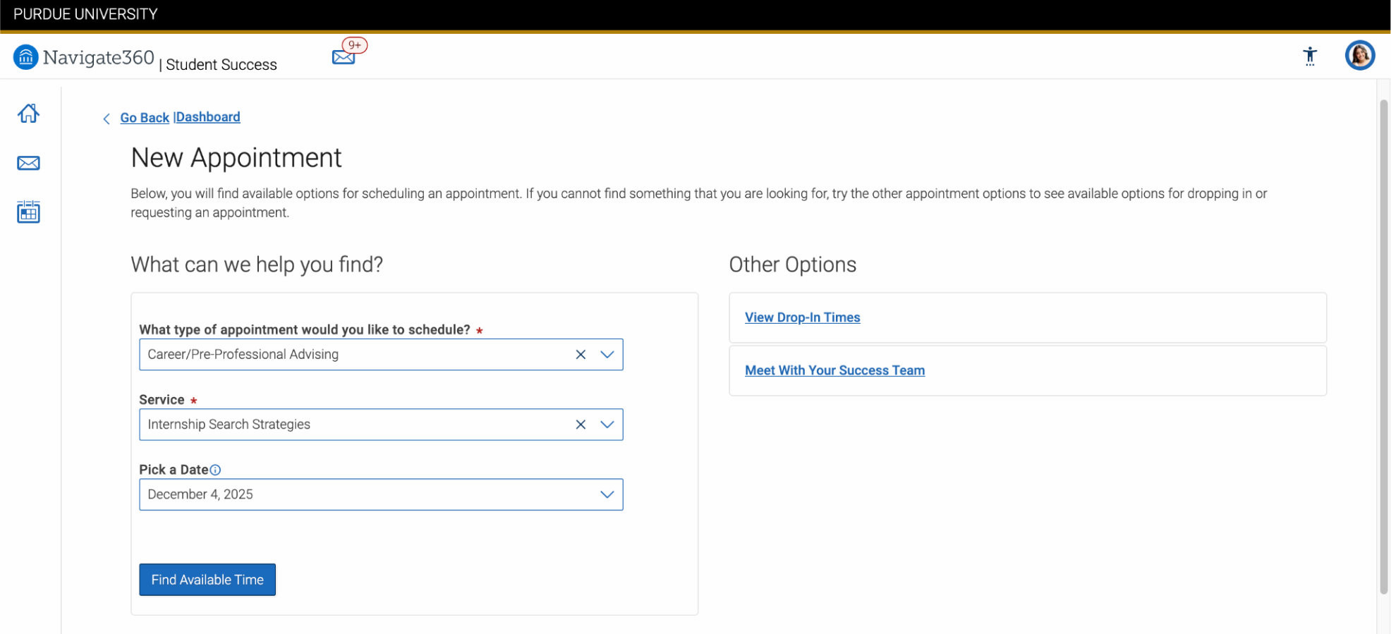 Scroll to the bottom of the service options and pick a service from the ‘Liberal Arts Career Center’ .