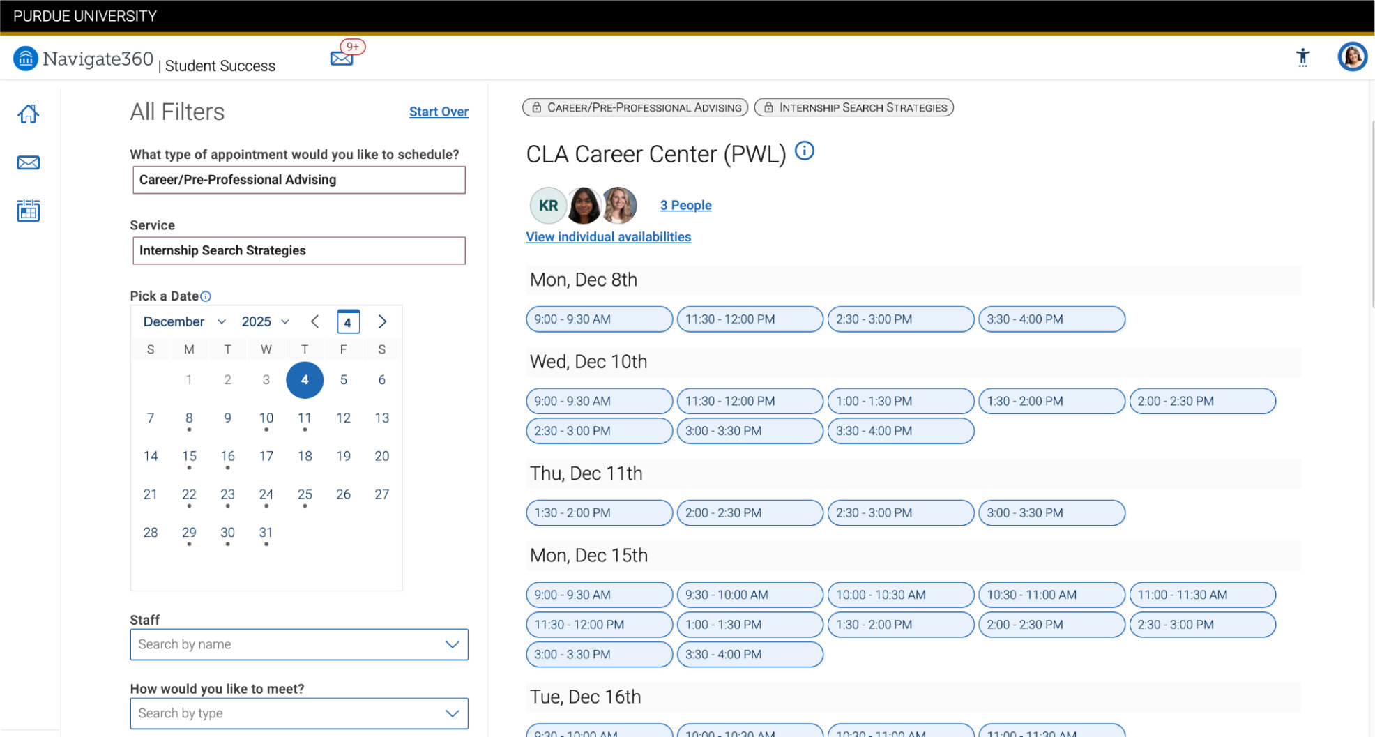 A calendar od possible appointment slots appears on this screen